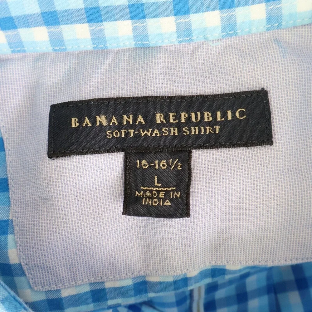Banana Republic Soft Wash‎ Dress Shirt Mens Size L Light Blue Checks 100% Cotton